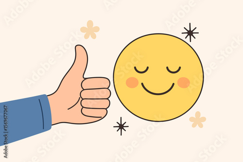 Thumbs Up Hand Gesture with Smiling Relaxed Face, Positive Feedback, Customer Satisfaction, Mental Health, Happy Mood, Good Review, Approval, Calm Assessment Concept