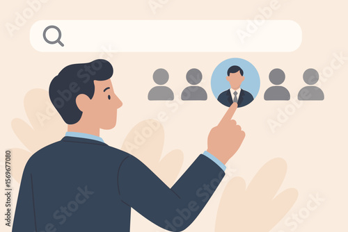 Human Resource Management HRM concept. Businessman searching and choosing a candidate for a job. Recruitment, hiring, and leadership. Finding a new employee, manager, or leader.