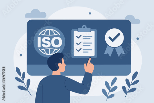 ISO standards quality control assurance warranty certification business technology concept. Compliance checklist, ISO certification, quality management, approved document, standardization