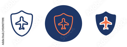 Set of pixel perfect colored Travel insurance icon, 1 Silhouette, 1 unexpanded, Travel insurance policy icon with shield and airplane for trip protection coverage.