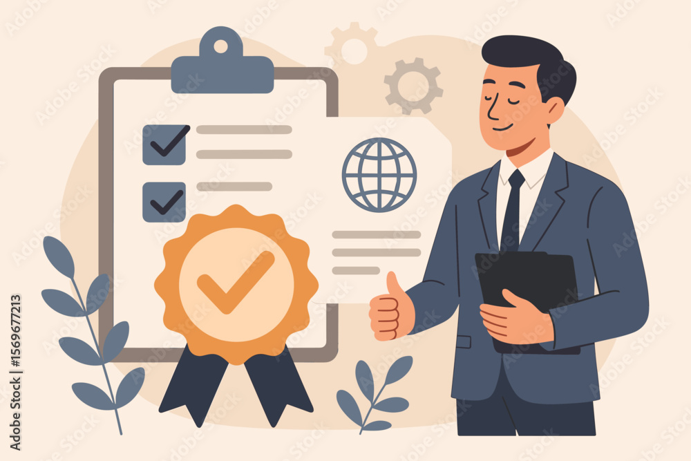 Quality assurance certification concept with business manager, compliance checklist, approved document, global standards, regulation, accreditation, flat vector illustration Quality assurance certification concept with business manager, compliance checklist, approved document, global standards, regulation, accreditation, flat vector illustration