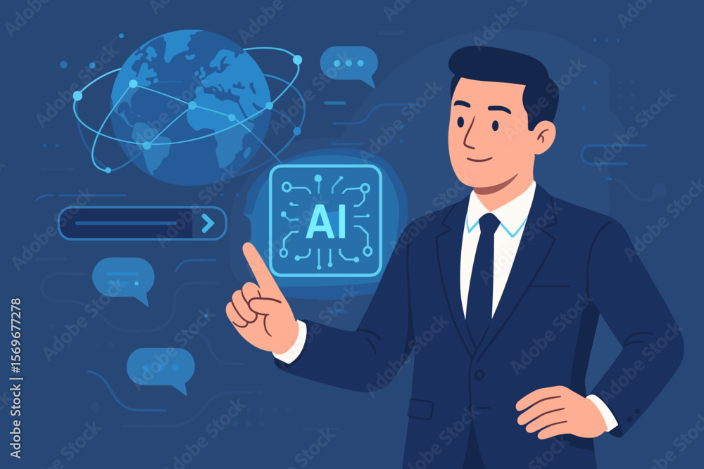 AI technology concept. Businessman interacts with virtual graphic of global internet connection. Chat with AI, Artificial Intelligence, generative AI. Futuristic interface. AI technology concept. Businessman interacts with virtual graphic of global internet connection. Chat with AI, Artificial Intelligence, generative AI. Futuristic interface.