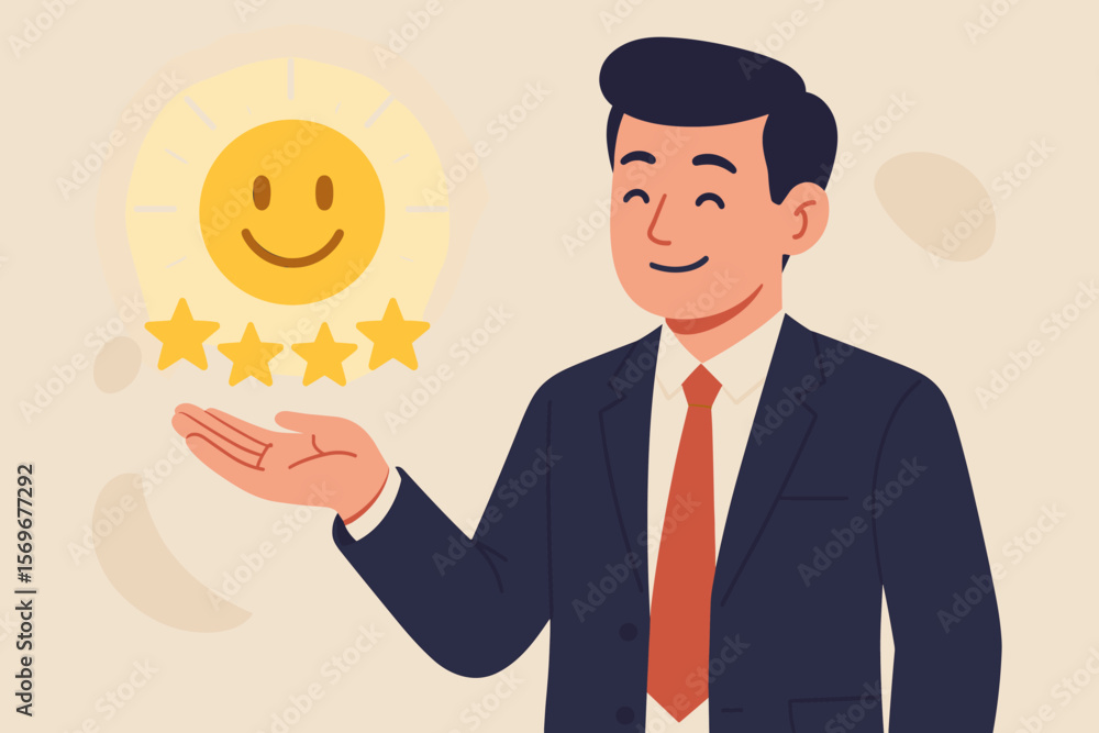 Businessman presenting glowing smiley face with five-star customer review icons, symbolizing high customer satisfaction, positive feedback, excellent user experience, and quality service rating Businessman presenting glowing smiley face with five-star customer review icons, symbolizing high customer satisfaction, positive feedback, excellent user experience, and quality service rating