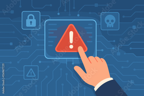 Cybersecurity warning alert on digital interface. Hand touching exclamation sign. Data breach, malware, hacking, IT system error, computer security risk, network threat concept