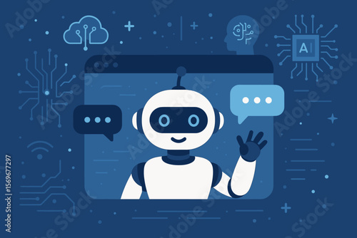 AI technology concept with a chatbot robot. Artificial intelligence virtual assistant for online customer support. Machine learning conversation system and futuristic communication.