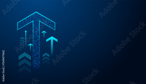 A digital blue arrow, composed of hexagonal pixels, points upward symbolizing growth, progress, and forward movement in technology or finance. in Forex trading concept vector illustration
