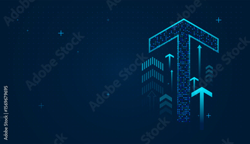 Multiple arrows in varying sizes ascend behind the primary arrow, representing collective advancement and positive market trends. vector illustration