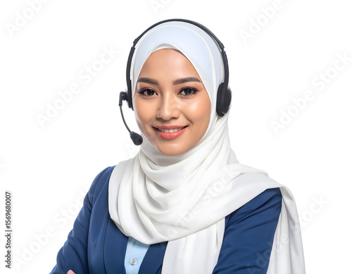 A cheerful female customer service agent in a blue top and white hijab smiles confidently with a headset on, ready to assist