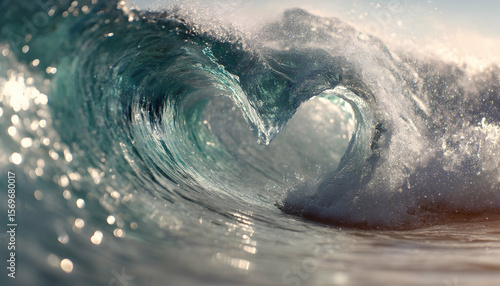 Fototapeta Naklejka Na Ścianę i Meble -  An ocean wave curling into a perfect heart shape with sparkling droplets   -