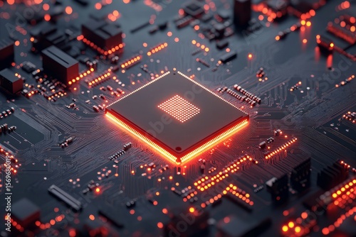 CPU chip on circuit board. Black motherboard with central processor chip. Computer hardware tecnology. 3d illustration