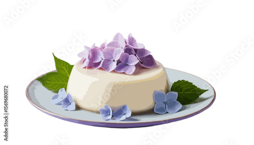  Plate of panna cotta with beautiful hydrangea flowers isolated on transparent background 