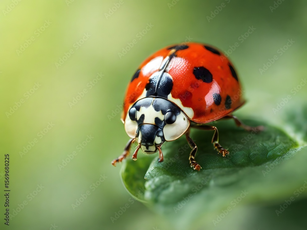 Fototapeta premium Ladybug's close-up portrait on a vibrant green leaf, showcasing its intricate details