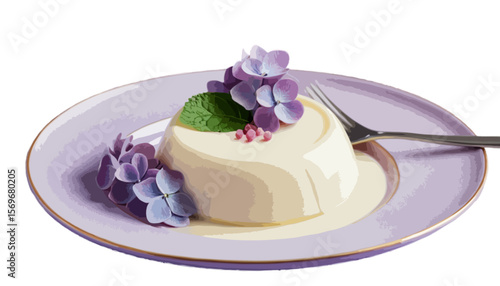  Plate of panna cotta with beautiful hydrangea flowers isolated on transparent background 