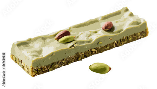Pistachio protein bar resting isolated on transparent background 