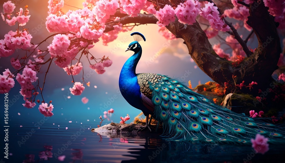 Fototapeta premium Vibrant Blue Peacock Under Pink Cherry Blossoms by Tranquil Water with Golden Sunset Sky