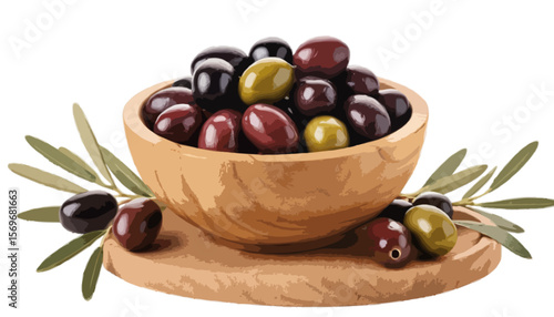 Olives in wooden bowl isolated on transparent background 