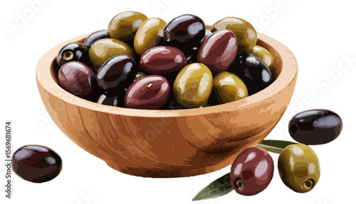 Olives in wooden bowl isolated on transparent background 