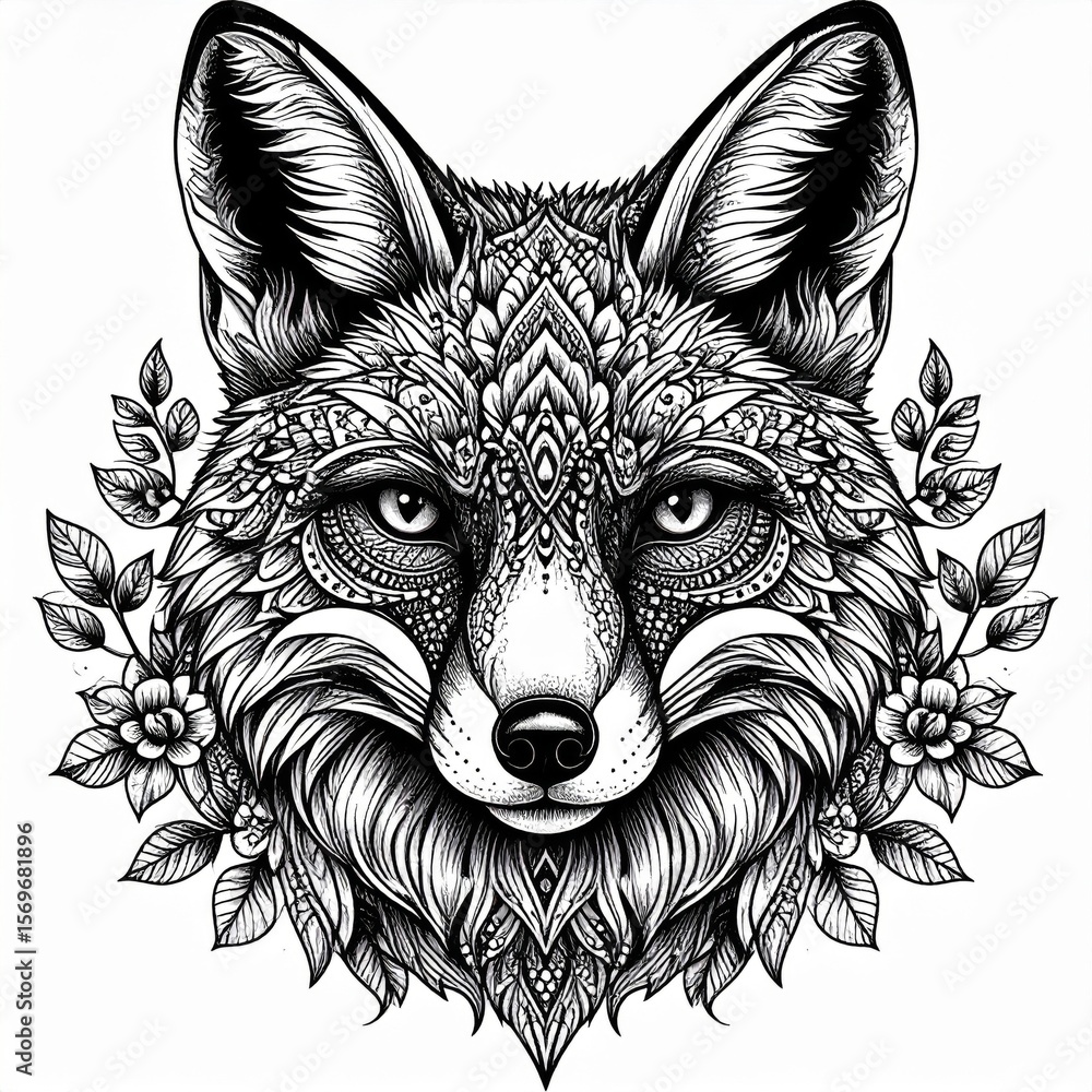 Fototapeta premium Ornate Fox Portrait with Floral Accents