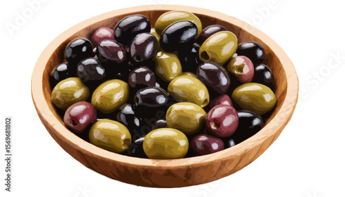 Olives in wooden bowl isolated on transparent background 