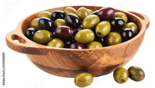 Olives in wooden bowl isolated on transparent background 