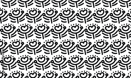 Simple black and white repeating floral pattern design.