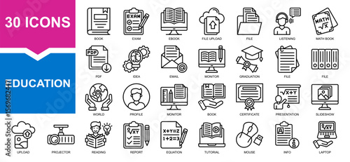 Vector set of education line collection. Containing book, file, maths, laptop, monitor.