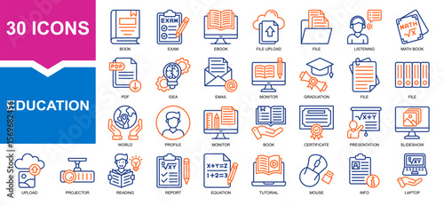 Vector set of education color collection. Containing book, file, maths, laptop, monitor.