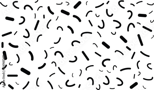 Abstract black and white pattern of random curved and straight shapes.