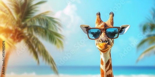 funny giraffe in sunglasses on blurred background of beach, sea and palm trees on the left, with free space for text on the right, summer banner, high quality photo.