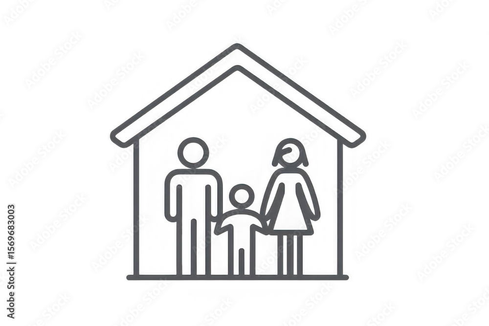 Illustration of a family standing inside of a house outline on white background Illustration of a family standing inside of a house outline on white background