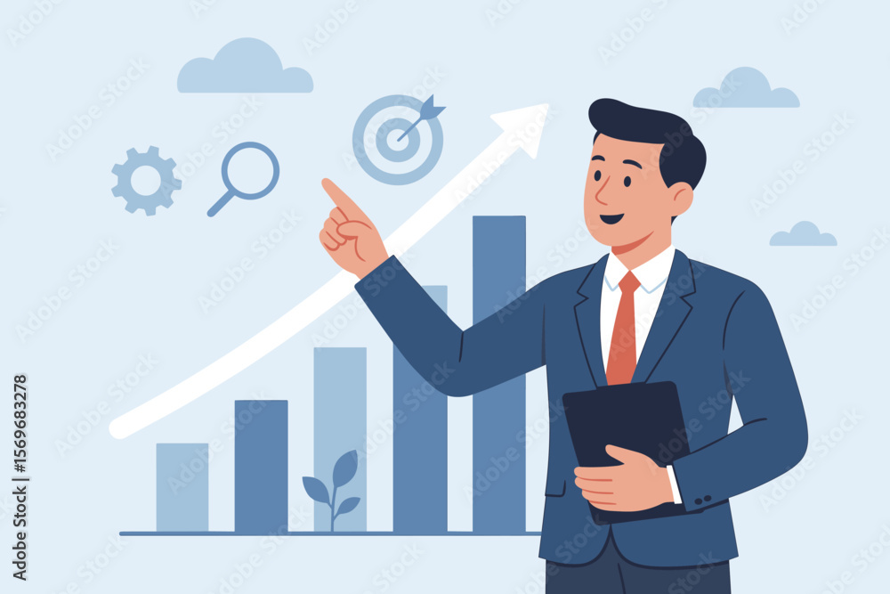 Business growth strategy for 2026. Businessman points to future success. Company development concept. Planning, opportunity, motivation, vision, and goal achievement. Business growth strategy for 2026. Businessman points to future success. Company development concept. Planning, opportunity, motivation, vision, and goal achievement.