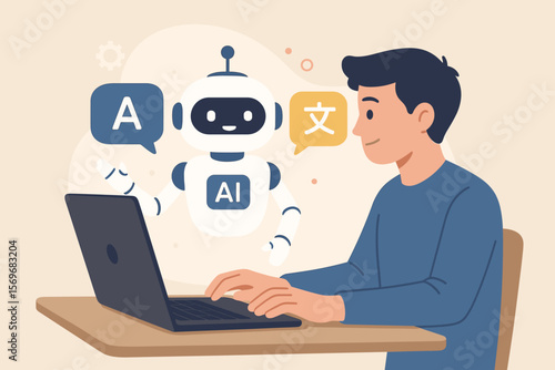 AI language translation concept. Man uses laptop with virtual robot assistant for automatic machine translation. Online multilingual chatbot for global communication and e-learning.