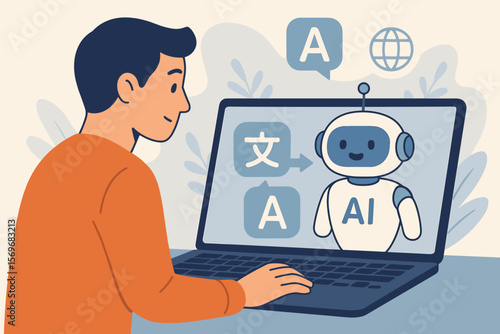 AI technology application for automatic translation system. Person uses laptop with a virtual robot chatbot for language translation. Artificial intelligence online service concept.