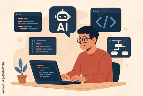 AI-powered web development and programming. A software developer character is coding with artificial intelligence support. Machine learning and AI-assisted workflow concept.