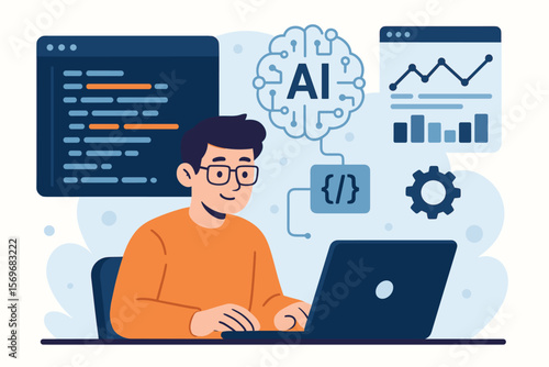 Artificial intelligence in software development. Programmer using AI assistant for coding and data analysis. Concept for machine learning, code generation, and automation vector.