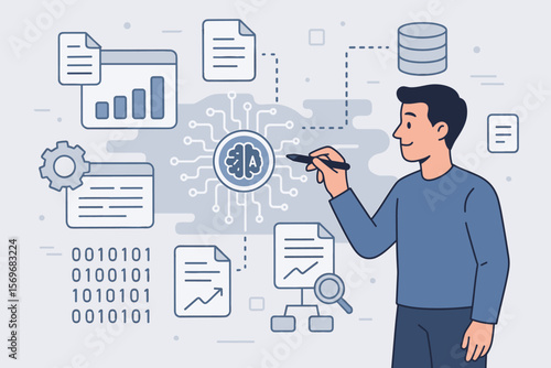 AI-powered data analytics and document management system concept. Man uses digital interface for big data automation, intelligent workflow and business intelligence.