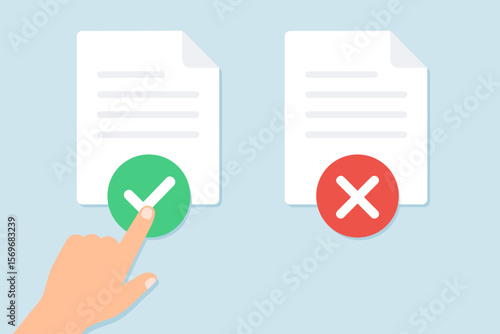 Approval and rejection concept with document icons. Finger presses green check mark for yes. Accepted vs denied paper. Business decision making, validation process, digital workflow.