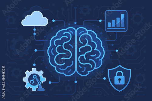 Artificial intelligence ecosystem concept. Digital brain with icons for machine learning, data analysis, cloud computing, automation, cybersecurity. AI technology network vector.
