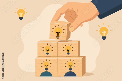 Teamwork brainstorming creative ideas and innovation concept. Hand stacking wooden blocks with light bulb icons symbolizing collaboration, leadership, problem solving, group thinking