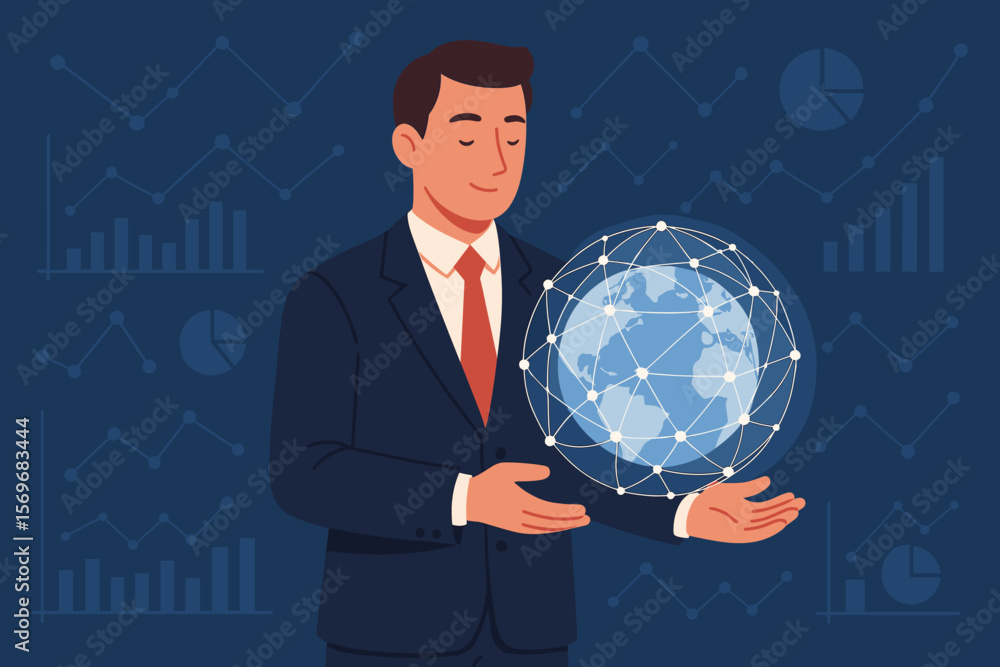 Businessman in Suit Holding Global Network Sphere. Data Analytics, Digital Transformation, Business Intelligence, Globalization, Technology, Financial Growth, Vector Illustration Businessman in Suit Holding Global Network Sphere. Data Analytics, Digital Transformation, Business Intelligence, Globalization, Technology, Financial Growth, Vector Illustration