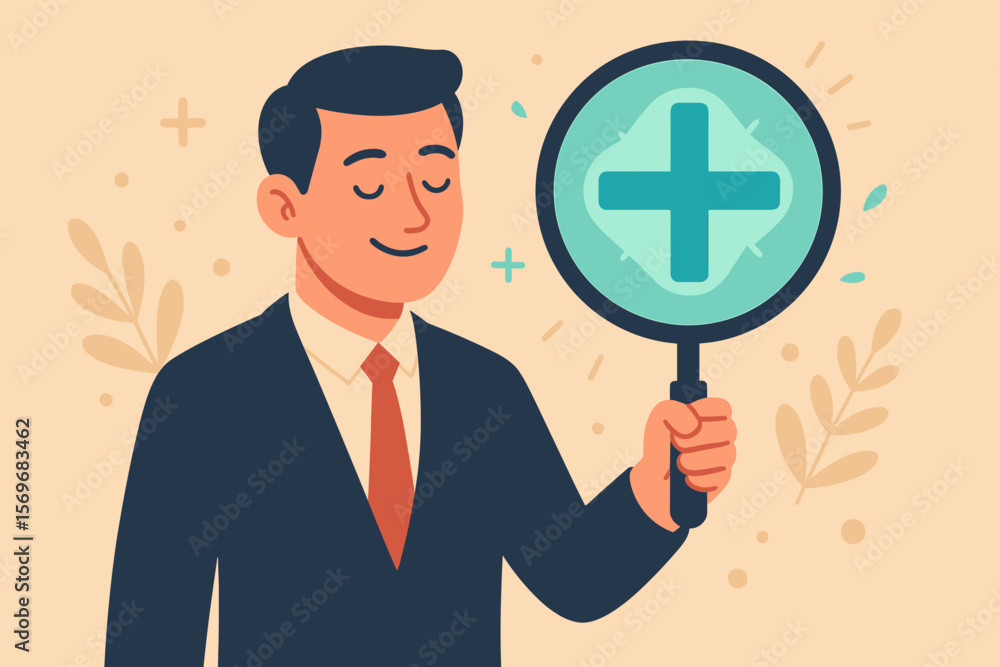 Businessman focus on positive thinking. Mental health care concept with man holding magnifying glass with plus sign. Business well-being, mindset, and insurance metaphor. Businessman focus on positive thinking. Mental health care concept with man holding magnifying glass with plus sign. Business well-being, mindset, and insurance metaphor.
