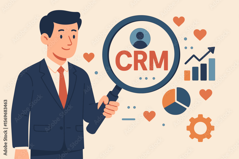 CRM concept with businessman holding magnifying glass. Customer Relationship Management strategy for data analysis, marketing automation, client retention and lead generation. CRM concept with businessman holding magnifying glass. Customer Relationship Management strategy for data analysis, marketing automation, client retention and lead generation.