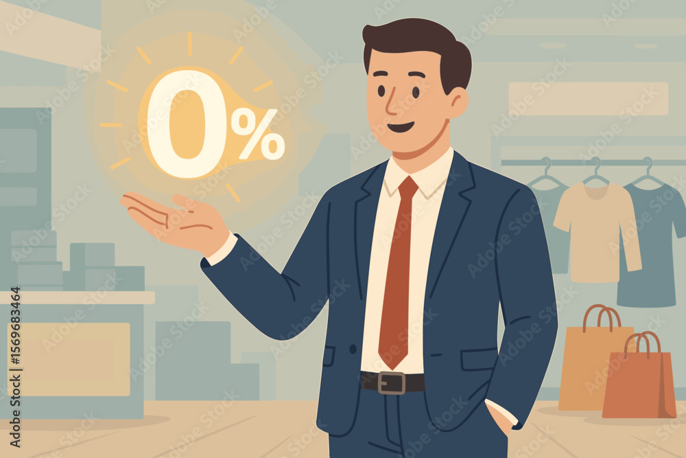 Businessman holding a glowing zero percent or 0% sign. Special offer at a shopping department store. Discount concept with zero interest rate and installment payment plan. Businessman holding a glowing zero percent or 0% sign. Special offer at a shopping department store. Discount concept with zero interest rate and installment payment plan.