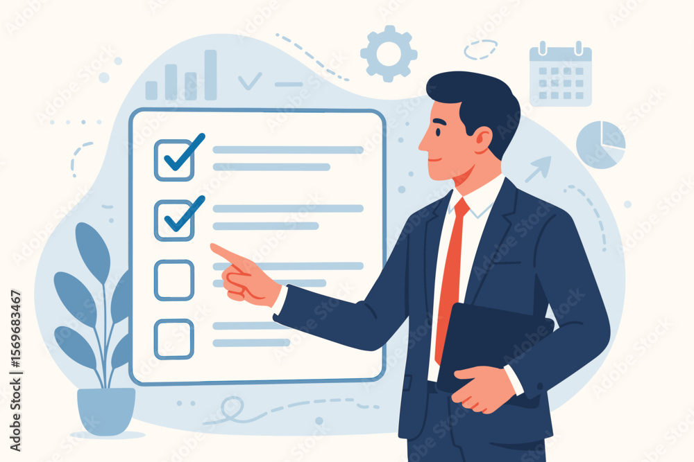 Businessman with checklist for task management. Workflow optimization and productivity. Project manager with online planning system, business strategy and goal achievement. Businessman with checklist for task management. Workflow optimization and productivity. Project manager with online planning system, business strategy and goal achievement.