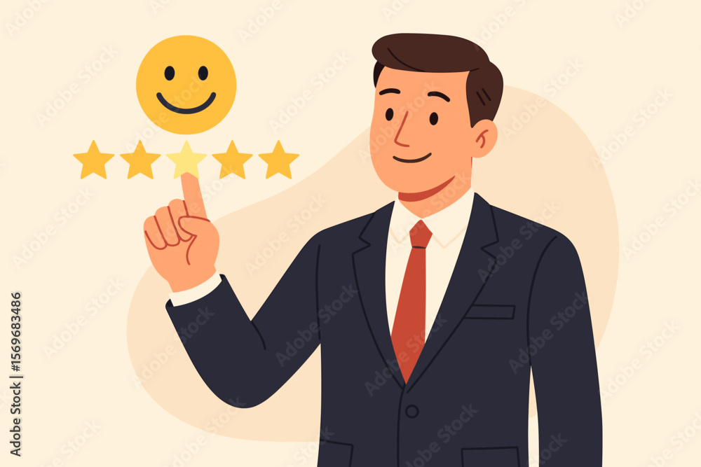 Businessman selecting a 5-star rating with smiley face. Excellent customer satisfaction concept. Positive feedback, high-quality service, and online review with glowing star. Businessman selecting a 5-star rating with smiley face. Excellent customer satisfaction concept. Positive feedback, high-quality service, and online review with glowing star.