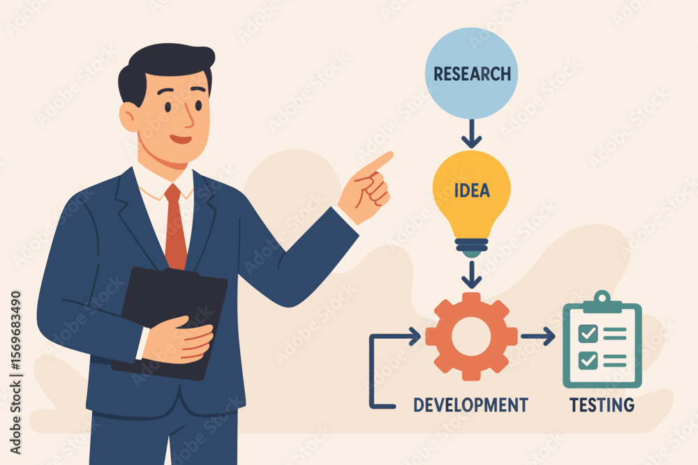 Businessman presenting research and development R&D process. New product development lifecycle flowchart with steps: research, idea, development, testing. Innovation strategy. Businessman presenting research and development R&D process. New product development lifecycle flowchart with steps: research, idea, development, testing. Innovation strategy.