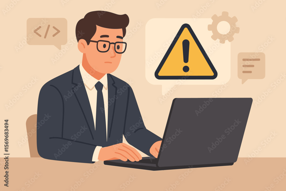 Businessman, IT professional, or programmer using a laptop with a prominent triangle caution warning sign, illustrating notification error and system maintenance concepts. Modern flat design. Businessman, IT professional, or programmer using a laptop with a prominent triangle caution warning sign, illustrating notification error and system maintenance concepts. Modern flat design.