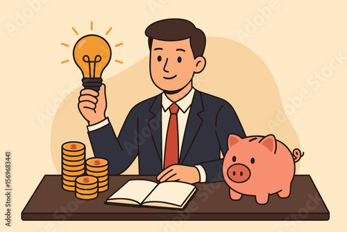 Businessman holding glowing lightbulb with piggy bank, stacked coins, and open notebook on desk. Financial planning, investment idea, savings, money management concept illustration.