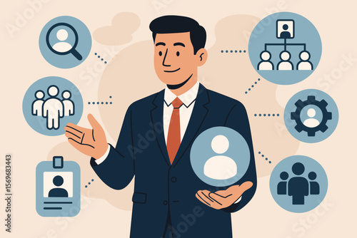 Human resources management concept. Businessman with HR icons for recruitment, team building, leadership, and personnel data. Digital HR technology and workforce organization.