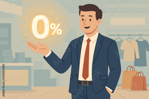 Businessman holding a glowing zero percent or 0% sign. Special offer at a shopping department store. Discount concept with zero interest rate and installment payment plan.